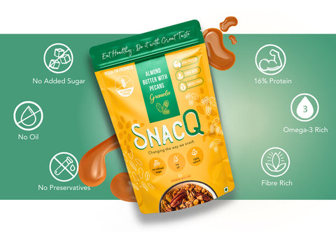 SnacQ almond butter with pecans granola horizontal banner